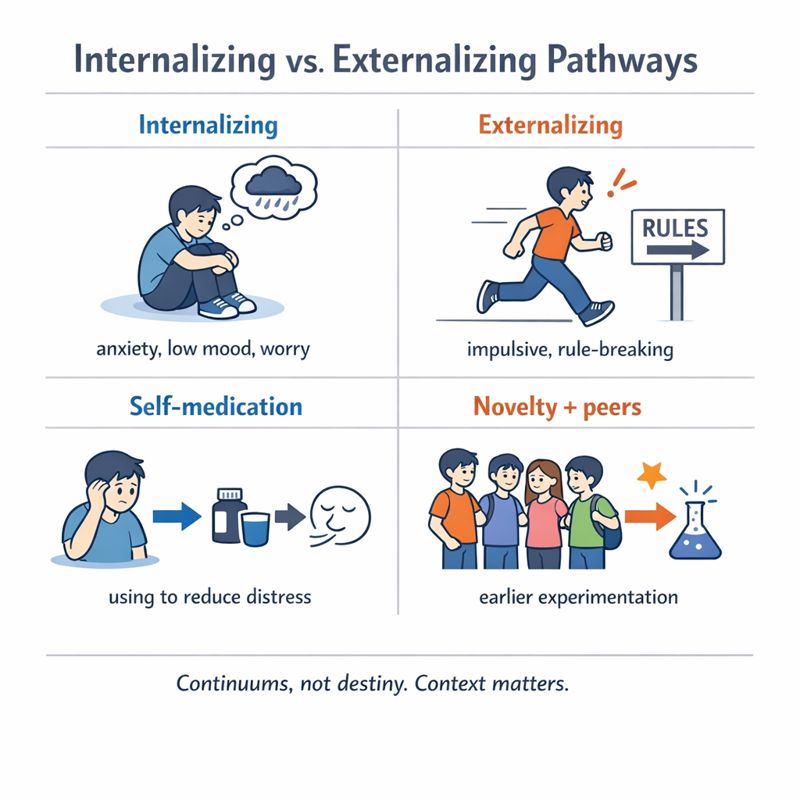 Four-panel diagram contrasting internalizing and externalizing pathways, showing internal distress and self-medication versus impulsive behavior and peer-driven experimentation.