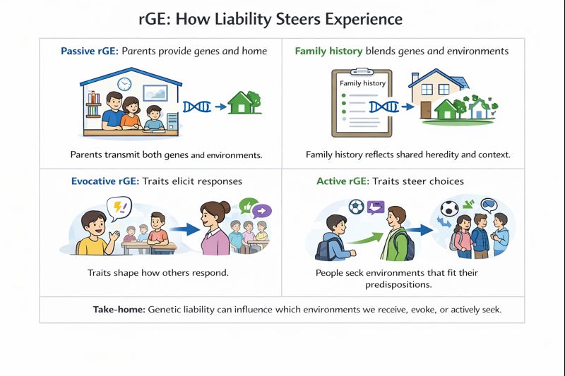 2×2 infographic titled “rGE: How Liability Steers Experience.” Four panels show the same direction: genetic liability (blue DNA) leads to environmental exposure (green). Panels depict passive rGE in a home, family history combining genes and home context, evocative rGE where a youth’s trait elicits others’ responses, and active rGE where a youth chooses a fitting peer group or activity. Footer reads: “Take-home: Genetic liability can influence which environments we receive, evoke, or actively seek.”