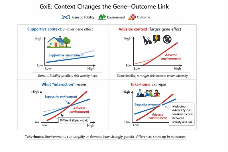 Four-panel infographic titled “GxE: Context Changes the Gene–Outcome Link” showing that supportive versus adverse environments change how strongly genetic liability predicts outcomes, illustrated with lines of different slopes.