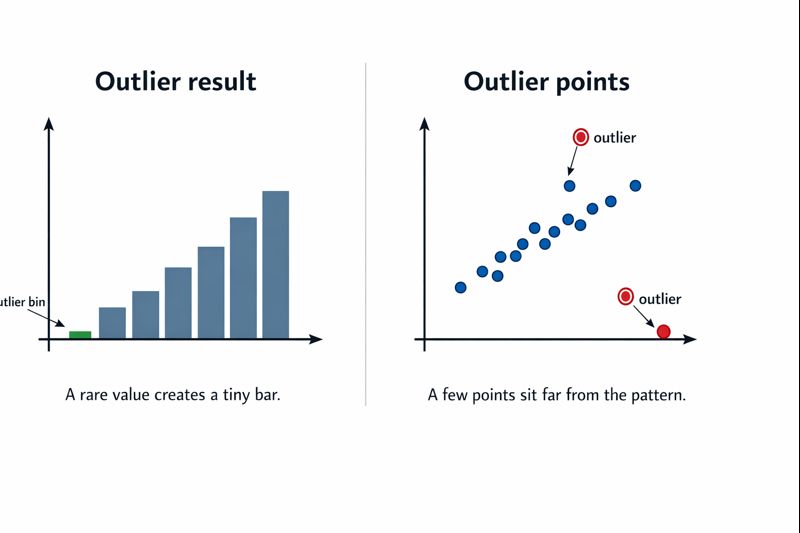 Two-panel graphic explaining outliers: a histogram with a tiny “outlier bin” bar and a scatterplot with two labeled outlier points far from the main trend.