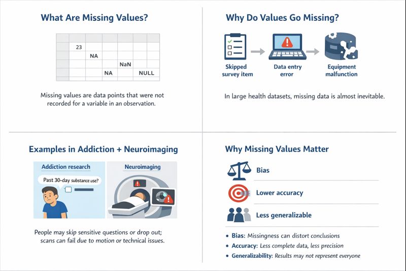 Four-panel infographic explaining missing values in data, including what they are, why they occur, examples in addiction and neuroimaging research, and why they matter.