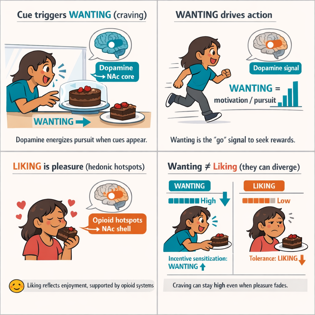 Four-panel (2×2) infographic explaining “wanting” versus “liking” using chocolate cake. Top-left: a cue and cake trigger WANTING (craving) with a brain callout labeled “Dopamine → NAc core.” Top-right: a person runs, showing WANTING drives action, with “Dopamine signal” and a rising bar chart. Bottom-left: LIKING is shown as pleasure while eating cake, with a brain callout labeled “Opioid hotspots → NAc shell,” plus hearts. Bottom-right: WANTING and LIKING diverge, with WANTING high and increasing (incentive sensitization) while LIKING is low and decreasing (tolerance), and a note that craving can stay high even when pleasure fades.