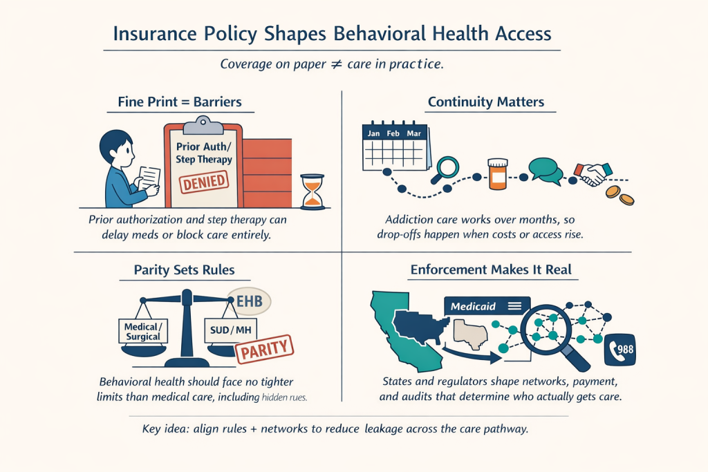 Four-panel infographic titled “Insurance Policy Shapes Behavioral Health Access” with the subtitle “Coverage on paper ≠ care in practice.” Panels explain: (1) fine-print barriers like prior authorization and step therapy can delay or block treatment, (2) continuity matters because addiction care unfolds over months and drop-offs rise when cost or access increases, (3) parity laws set rules so behavioral health is not more restricted than medical care, and (4) enforcement by states and regulators affects networks, payment, and audits that determine who receives care. A footer states: “Key idea: align rules + networks to reduce leakage across the care pathway.”