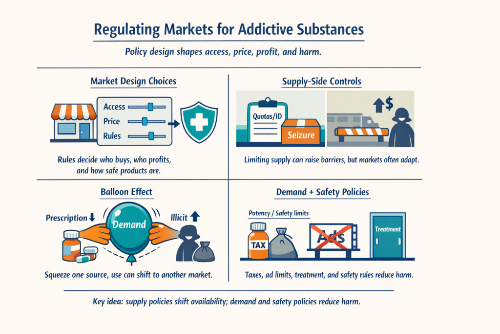 Four-panel infographic titled “Regulating Markets for Addictive Substances” with the subtitle “Policy design shapes access, price, profit, and harm.” Panels explain: (1) market design choices set access, price, and rules and influence who buys, who profits, and product safety; (2) supply-side controls such as quotas, ID requirements, and seizures can raise barriers but markets adapt; (3) a “balloon effect” where reducing one source (for example prescriptions) can shift demand to illicit markets; and (4) demand and safety policies such as taxes, advertising limits, treatment access, and potency or safety limits can reduce harm. Footer: “Key idea: supply policies shift availability; demand and safety policies reduce harm.”