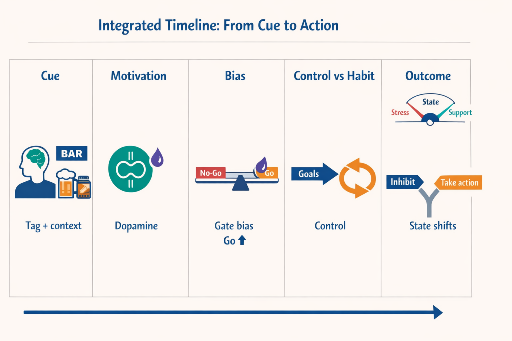 Five-step timeline from cue recognition to action: cue detected, motivation rises, dopamine biases Go vs No-Go gating, control competes with habit, and outcome depends on current state.