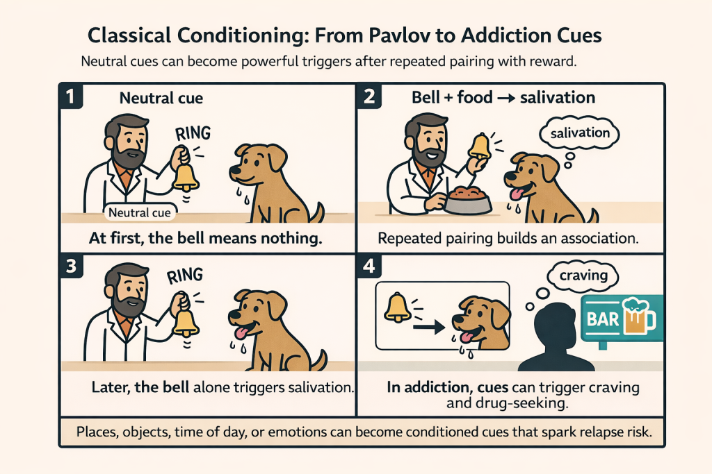 A flat-vector 2×2 comic infographic showing Pavlov’s classical conditioning and its link to addiction cues. Panel 1 shows a researcher ringing a bell near a calm dog, labeled “Neutral cue.” Panel 2 shows bell plus food leading to dog salivation. Panel 3 shows the bell alone triggering salivation. Panel 4 shows a bell icon triggering a dog response alongside a human silhouette seeing a bar sign and thinking “craving.” A footer states that places, objects, time of day, or emotions can become conditioned cues that spark relapse risk.