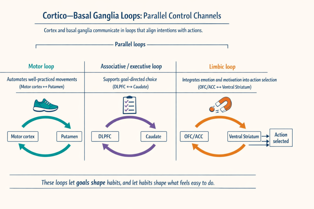 Flat vector infographic showing three parallel cortico–basal ganglia loops: motor loop (motor cortex and putamen), associative/executive loop (DLPFC and caudate), and limbic loop (OFC/ACC and ventral striatum), each illustrated as a closed circuit feeding into action selection.