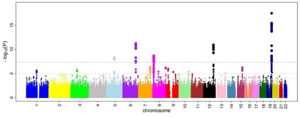 Manhattan plot of a genome wide association study: colored points grouped by chromosomes 1 through 22 on the x axis, and negative log10(p) on the y axis. Most points form a low band, with several tall peaks indicating stronger associations.