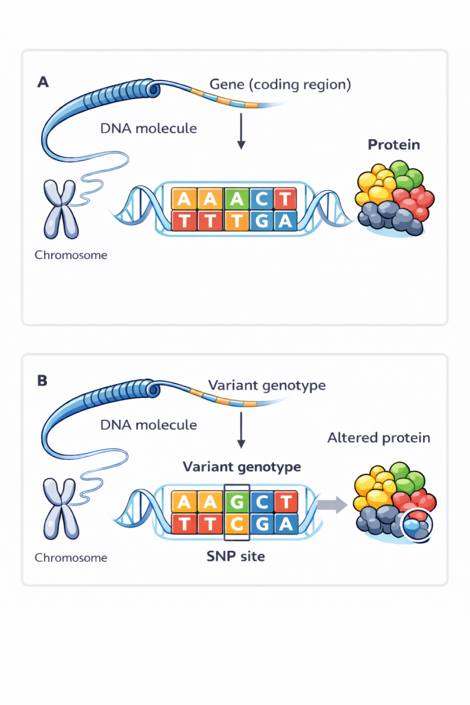 Two-panel diagram showing how a DNA coding region (gene) makes a protein, and how a single-nucleotide polymorphism (SNP) in the gene can change the genotype and potentially alter the protein.