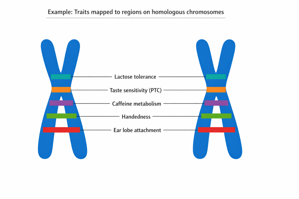 Two blue homologous chromosomes with matching colored bands connected to labels for example traits: lactose tolerance, taste sensitivity (PTC), caffeine metabolism, handedness, and ear lobe attachment.