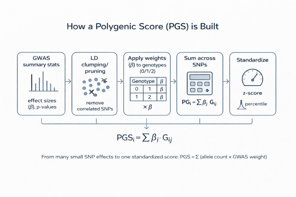 Five-step left-to-right flowchart showing how a polygenic score (PGS) is built: GWAS summary statistics → LD clumping/pruning → apply GWAS effect-size weights (β) to genotypes (0/1/2) → sum weighted SNP effects → standardize into a z-score or percentile; formula shown as PGSᵢ = Σ βⱼ·Gᵢⱼ.