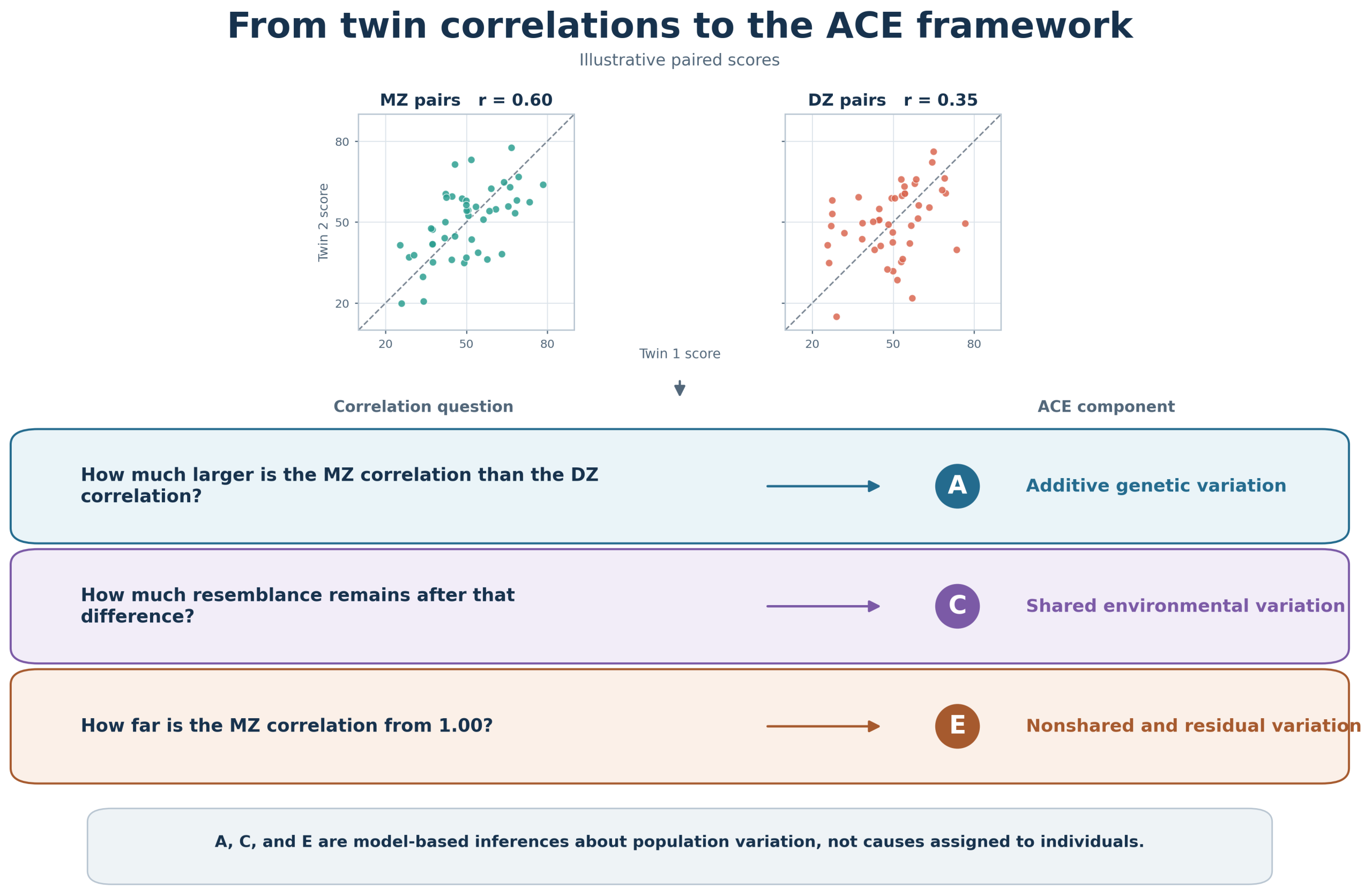 **Alt text:** Diagram showing two illustrative twin-pair scatterplots at the top. The MZ plot has a correlation of 0.60 and the DZ plot has a correlation of 0.35. An arrow leads to three rows that connect correlation questions to ACE components: the difference between the MZ and DZ correlations informs additive genetic variation, labeled A; resemblance remaining after that difference informs shared environmental variation, labeled C; and the gap between the MZ correlation and 1.00 informs nonshared and residual variation, labeled E. A note states that A, C, and E are model-based inferences about population variation, not causes assigned to individuals.