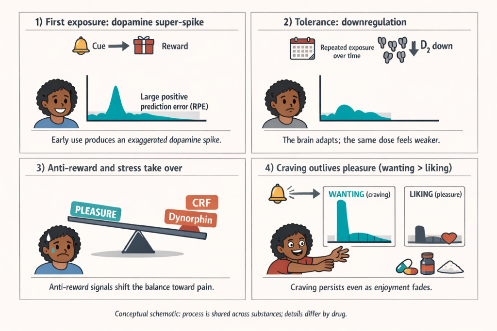 Four-panel infographic showing a progression of addiction neuroadaptation. Panel 1: “First exposure: dopamine super-spike” with a cue and reward and a large dopamine spike labeled large positive prediction error. Panel 2: “Tolerance: downregulation” with repeated exposure over time and reduced dopamine response and D2 down icons. Panel 3: “Anti-reward and stress take over” with a seesaw tipped toward CRF and dynorphin and away from pleasure. Panel 4: “Craving outlives pleasure (wanting > liking)” showing a cue triggering high wanting and low liking, with drug icons and the note that craving persists as enjoyment fades. Footer note says it is a conceptual schematic and details differ by drug.