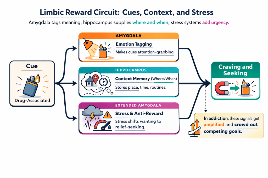 A flat-vector infographic titled “Limbic Reward Circuit: Cues, Context, and Stress.” A drug-associated cue (a lighter) appears on the left and splits into three pathways labeled Amygdala (Emotion Tagging), Hippocampus (Context Memory: Where/When), and Extended Amygdala (Stress & Anti-Reward). Each module includes a simple icon: spotlight for amygdala, house/map pin/clock for hippocampus, and storm cloud with warning symbols for extended amygdala. The three pathways converge into a box labeled “Craving and Seeking.” A callout states that in addiction, these signals become amplified and crowd out competing goals.