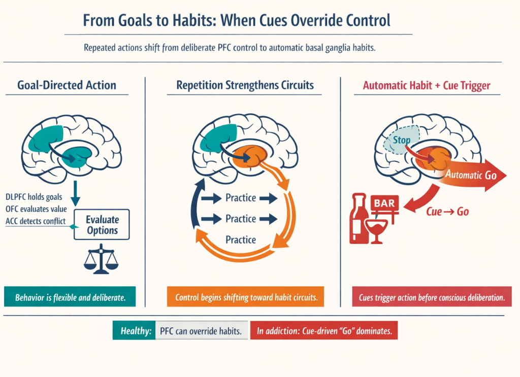 Three-panel infographic illustrating the shift from goal-directed behavior to habitual action. The left panel shows a teal-highlighted prefrontal cortex guiding deliberate decision-making with a scale icon labeled short-term versus long-term. The middle panel shows repeated practice strengthening connections between cortex and basal ganglia, with the dorsal striatum highlighted in orange. The right panel shows the dorsal striatum dominant, a red cue arrow bypassing weakened prefrontal control, and a large orange “Automatic Go” arrow representing cue-triggered habit behavior. A footer contrasts healthy control, where the PFC overrides habits, with addiction, where cue-driven action dominates.