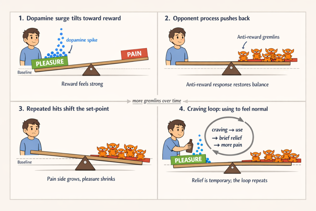 Four-panel infographic explaining the pleasure–pain balance in addiction. Panel 1 shows a dopamine “spike” tipping a seesaw toward pleasure. Panel 2 shows “anti-reward gremlins” pushing back on the pain side to restore balance. Panel 3 shows repeated hits shifting the set-point so the pain side grows and pleasure shrinks. Panel 4 shows a craving loop where use brings brief relief but leads to more pain over time.