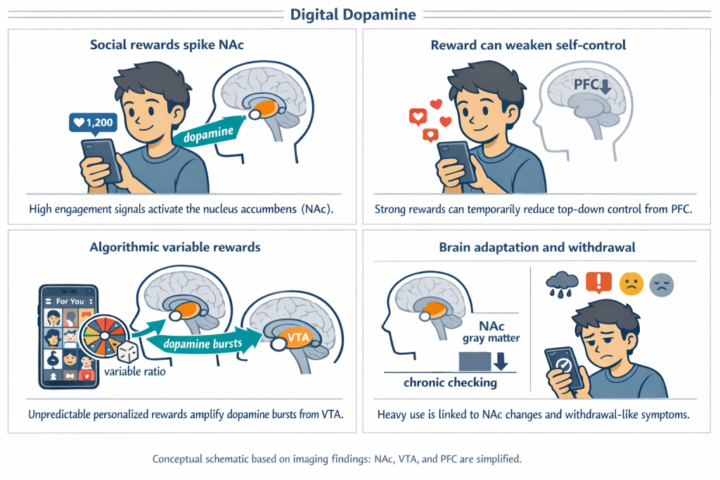 Four-panel infographic titled “Digital Dopamine.” Panel 1 shows a person checking a phone with a “1,200 likes” icon; a brain callout highlights the nucleus accumbens (NAc) and labels “dopamine,” with the caption that high engagement signals activate the NAc. Panel 2 shows reward icons near the phone and a brain outline labeled “PFC” with a downward arrow, stating strong rewards can temporarily reduce top-down control from the prefrontal cortex (PFC). Panel 3 shows a “For You” feed, a roulette wheel and dice labeled “variable ratio,” and two brains labeled “dopamine bursts” and “VTA,” describing unpredictable personalized rewards amplifying dopamine bursts from the ventral tegmental area (VTA). Panel 4 shows a simplified chart labeled “NAc gray matter” decreasing with “chronic checking,” plus a sad person holding a phone with negative mood icons, stating heavy use is linked to NAc changes and withdrawal-like symptoms. Footer note says the schematic is conceptual and brain regions are simplified.