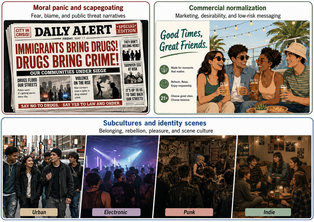 Three-panel illustrated figure titled "Cultural frames of substance use." The top left panel shows a fictional sensational newspaper front page with alarmist headlines linking drugs, immigrants, and crime, representing moral panic and scapegoating. The top right panel shows a polished lifestyle advertisement depicting attractive, happy young adults in a social setting, representing commercial normalization and marketing messages that portray substance use as desirable, social, or low risk. The wide bottom panel contains four sub-scenes representing subcultures and identity: an urban street scene showing a group of young people walking together through city streets; an electronic music scene with a crowded underground club or warehouse venue; a punk scene in a small DIY music venue; and an indie social scene showing young adults gathered together in a relaxed hangout setting. Across the bottom panel, the emphasis is on belonging, identity, and participation in social worlds rather than on substance use itself. The figure illustrates that substance use is represented through many different cultural frames, but these representations are not scientific evidence and do not imply that any community, subculture, or social setting causes substance use or substance use disorder.